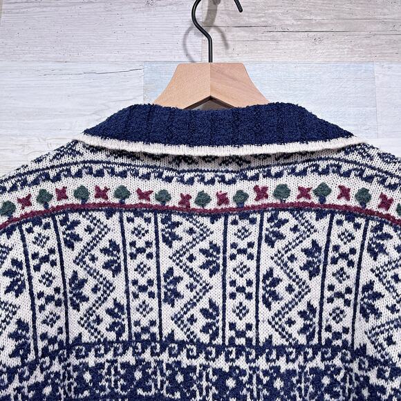 Woolrich Vintage Wool Fair Isle Tipped Polo Sweater Blue Fisherman Womens Small - Picture 5 of 7